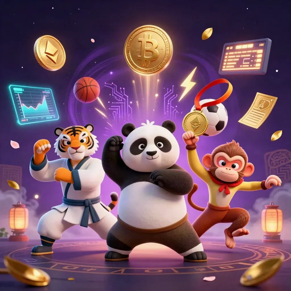 Kung-fu tiger, panda, and monkey amid glowing coins, sports balls, and magical effects.