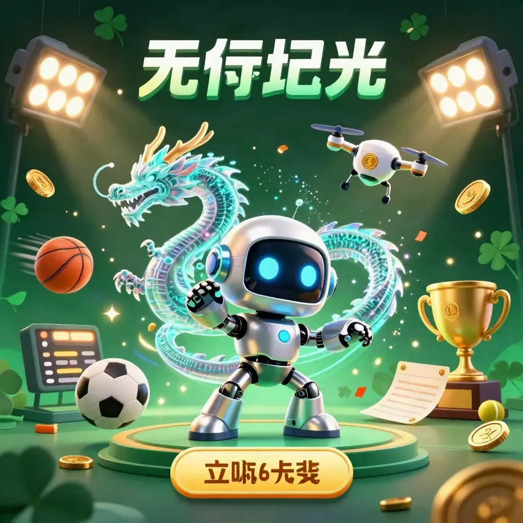 Robot, holographic dragon, and coin drone amid sports balls, coins, and fireworks in a luxe casino scene.