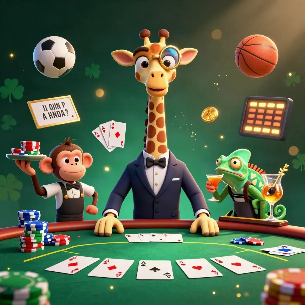 Giraffe, monkey, and chameleon at a casino poker table with chips, cards, ball, and gold light.