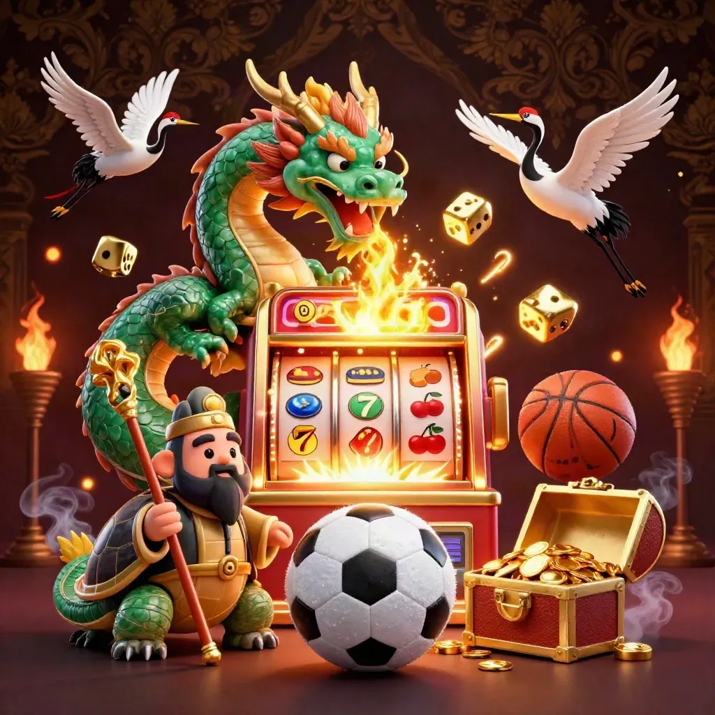 Emerald dragon, turtle sage, cranes, slot machine, gold fire, soccer ball and basketball in casino glow.