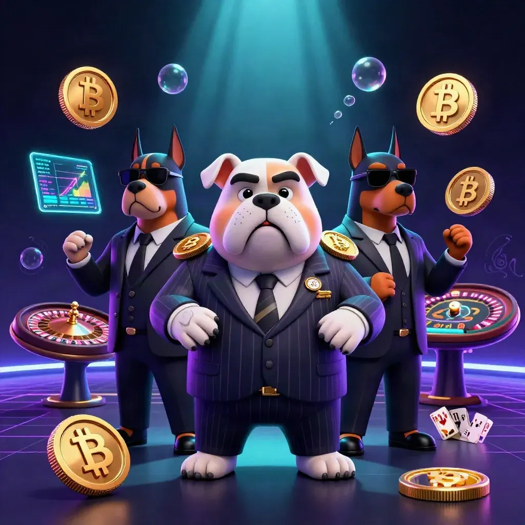 Bulldog boss and bodyguards in neon casino haze with coins, charts and glowing luxury.