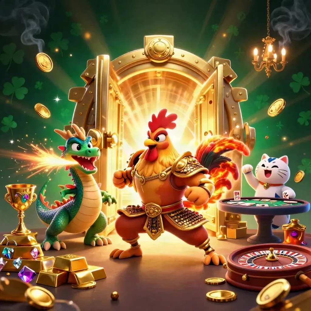 Rooster samurai, spark-breathing dragon hatchling, and fortune cat amid gold and casino glow.