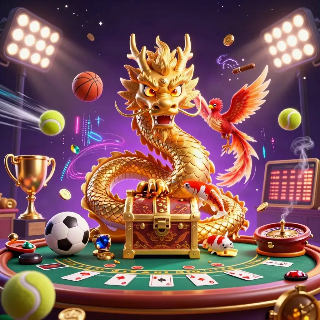 Golden dragon and phoenix in a luxe neon casino room with coins, balls, and a spinning wheel