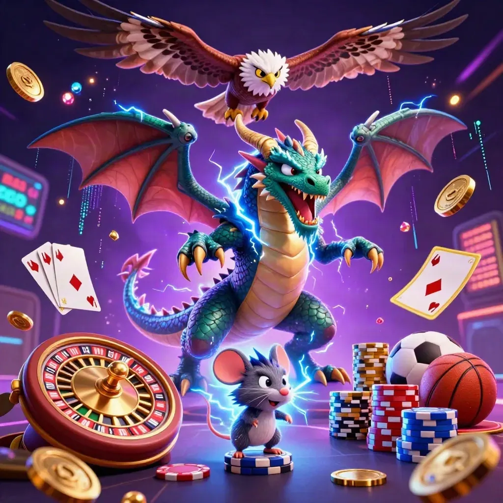 Thunder dragon, winged hawk, and static mouse amid casino chips, coins, cards, and neon magic.