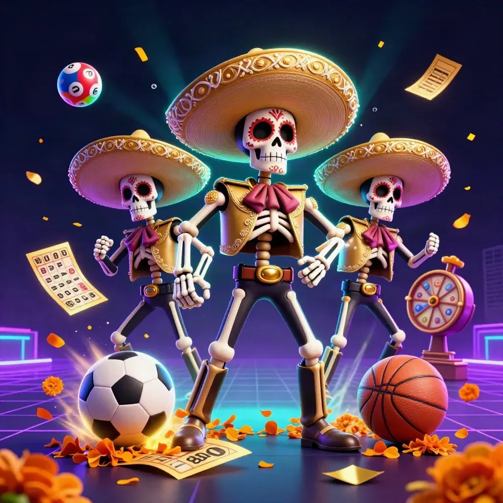 Skeleton mariachi trio amid flying lottery balls, prize wheel, bingo card, and sports props in neon glow