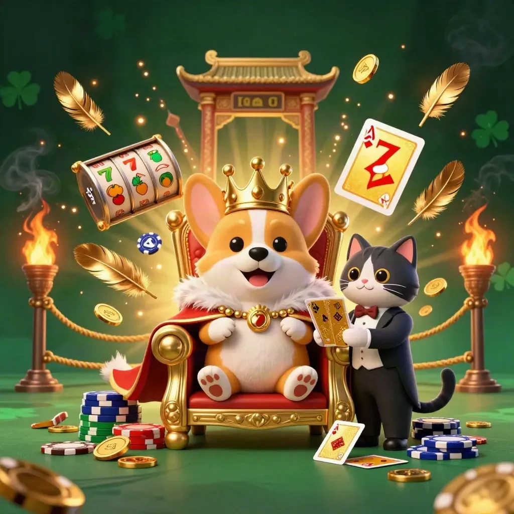 Royal corgi and cat butler amid coins, temple gate, torch ring, and casino symbols