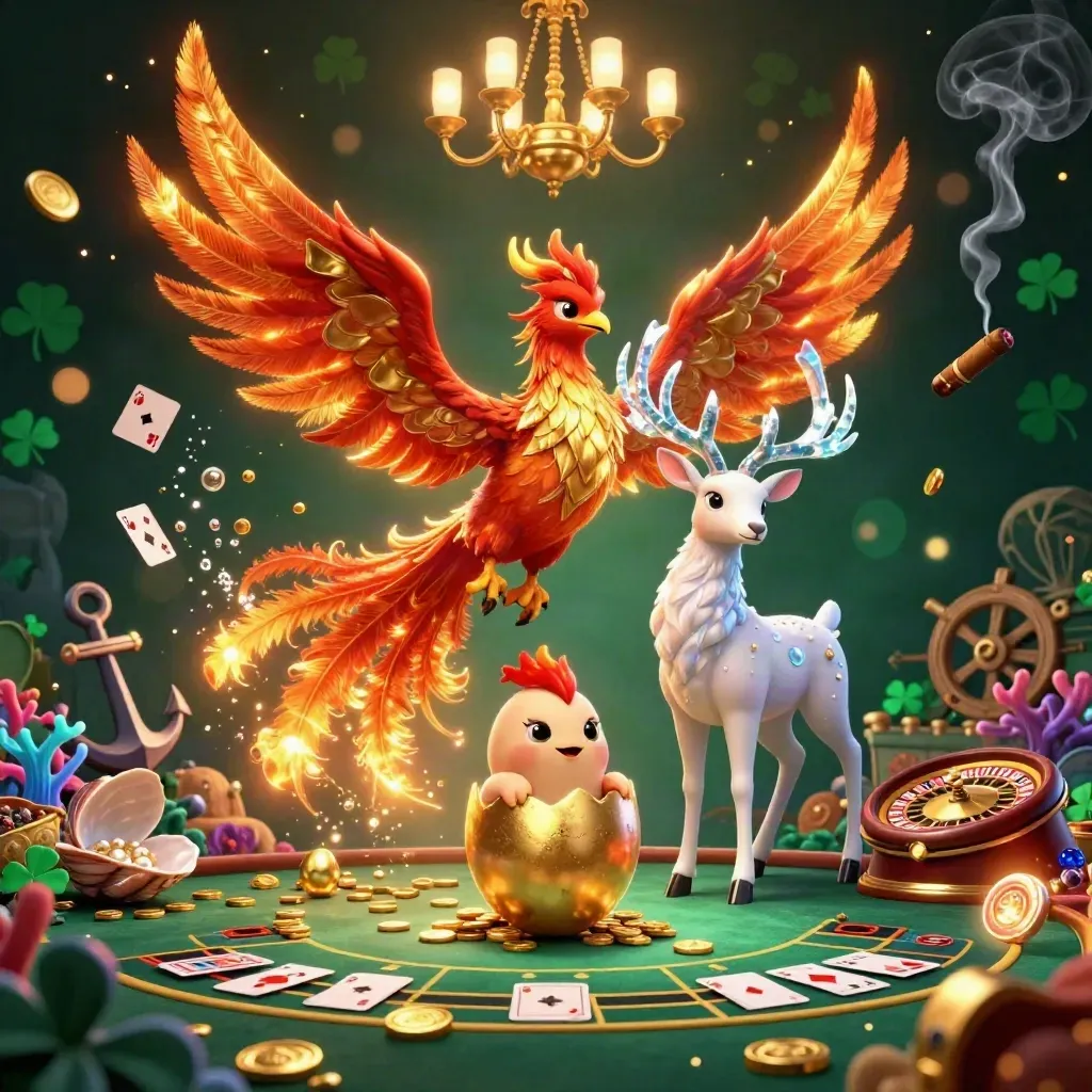 Phoenix, baby phoenix, and crystal-antler stag in a casino-treasure dream with gold coins and emerald glow