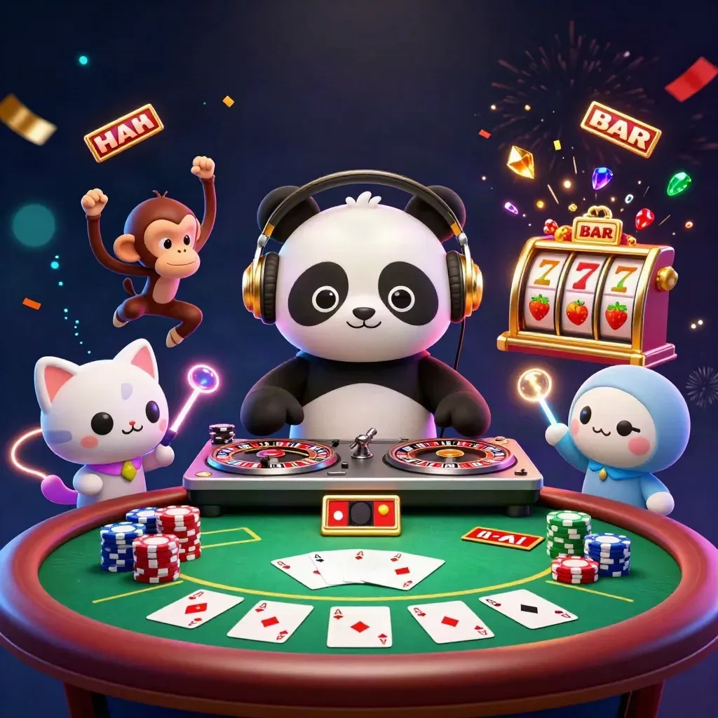 DJ panda, dancing monkey, and glow-stick kitten amid casino props and neon effects