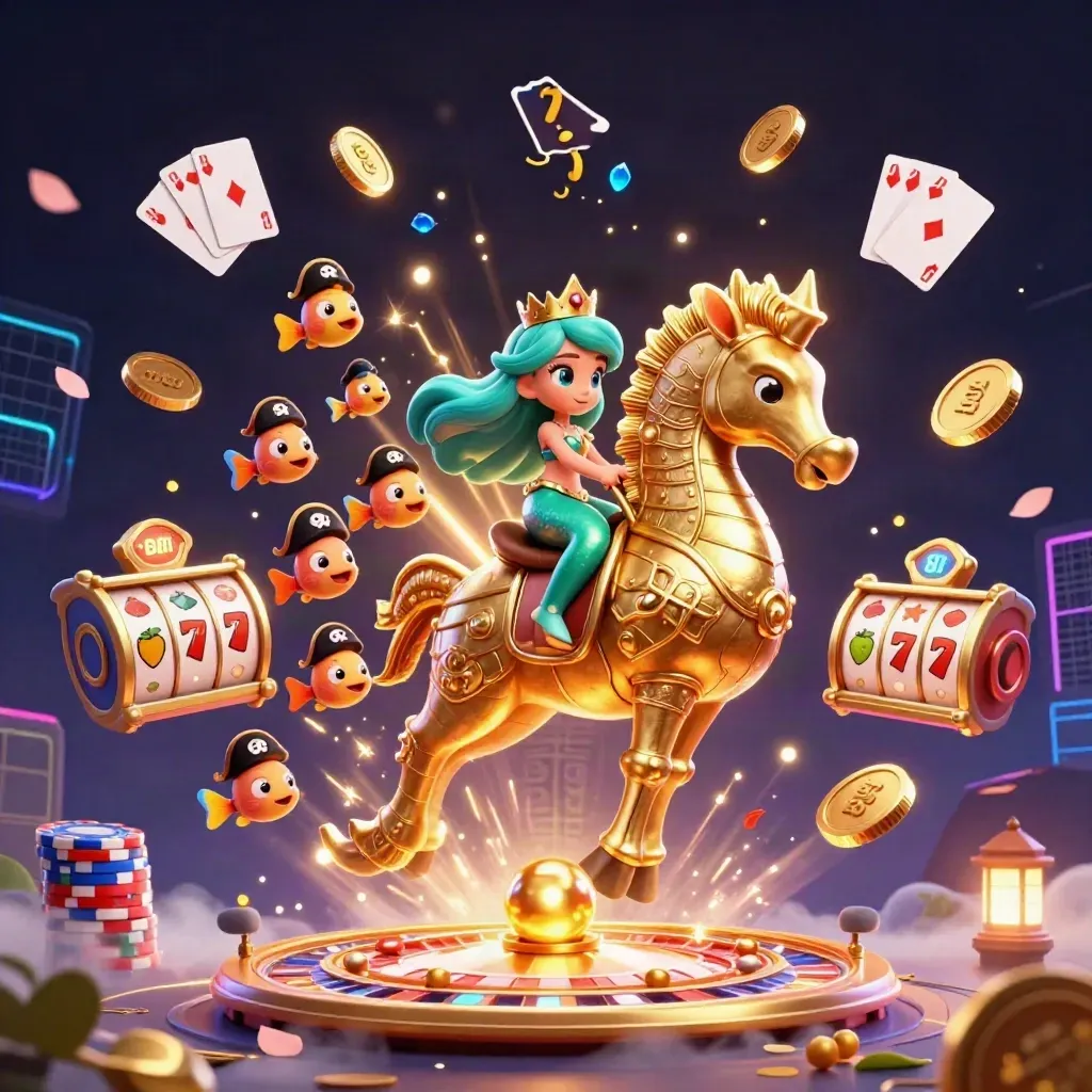 Mermaid princess on armored seahorse amid coins, gems, cards, chips, and casino glow.