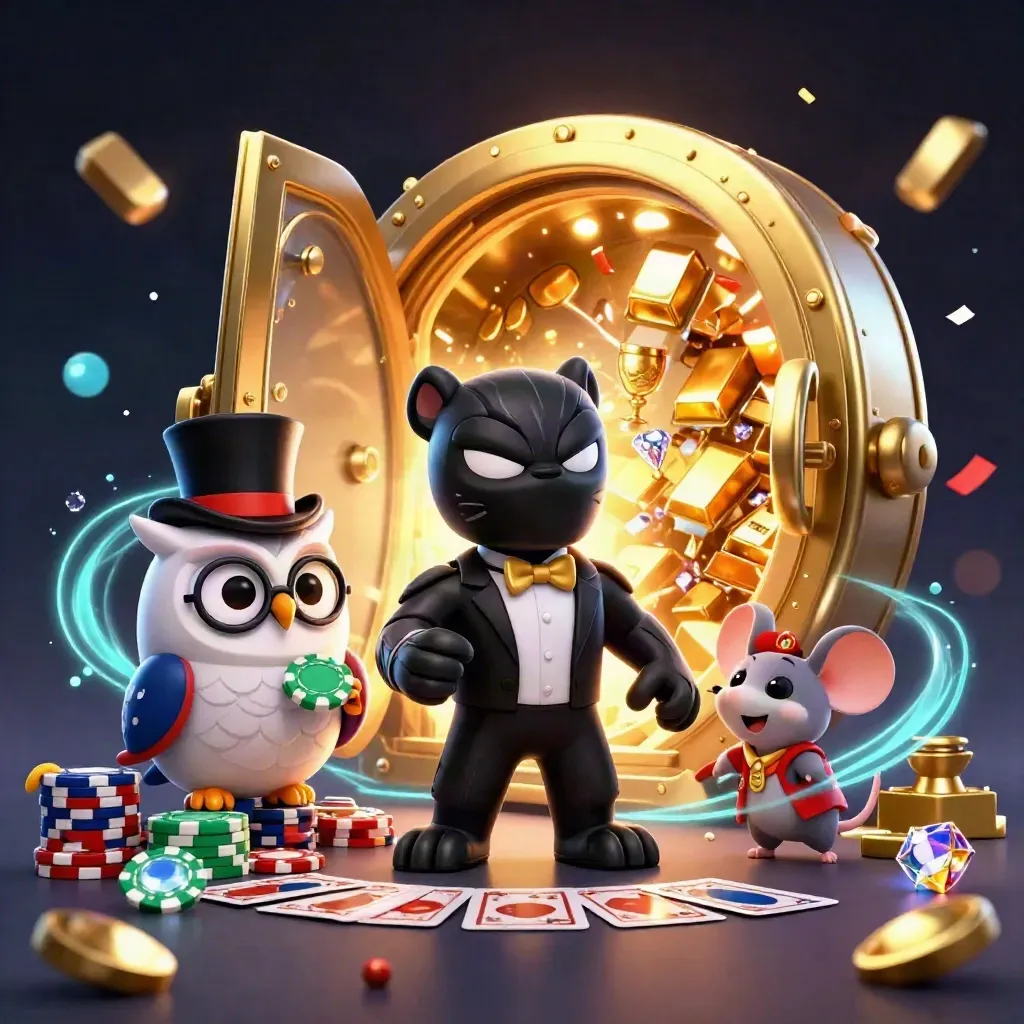 Panther, owl, and mouse burst from a glowing vault amid gold, gems, and neon casino light.