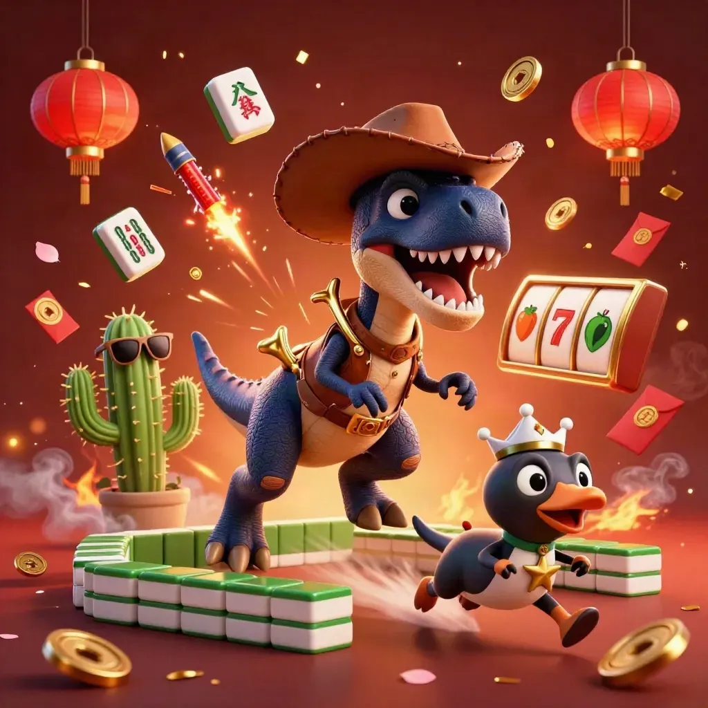 Cowboy T-Rex, cactus sidekick, and roadrunner burst through casino treasures and neon effects.