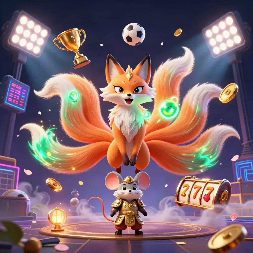 Nine-tailed neon fox spirit with armored samurai mouse amid casino treasure and stadium lights
