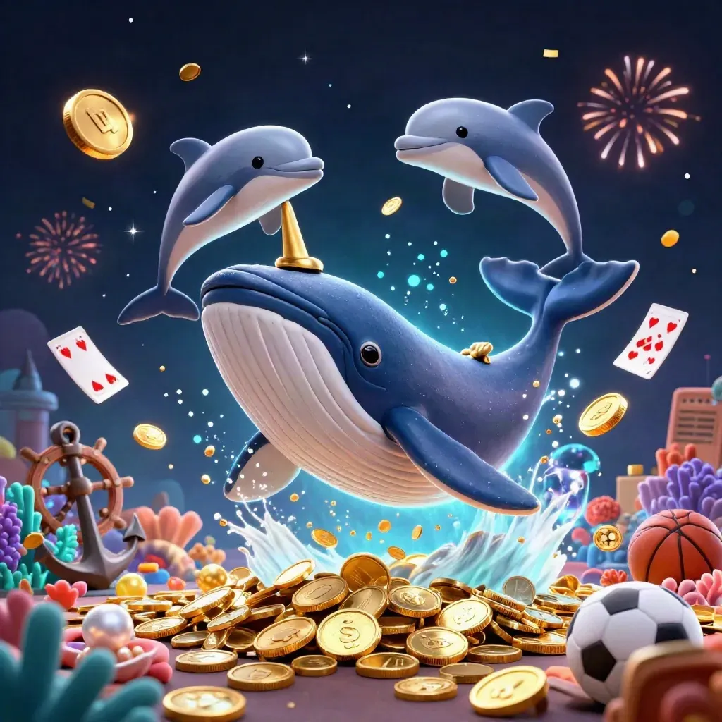 Whale, narwhal, and dolphins burst through coins with fireworks and casino props in a dark navy glow.