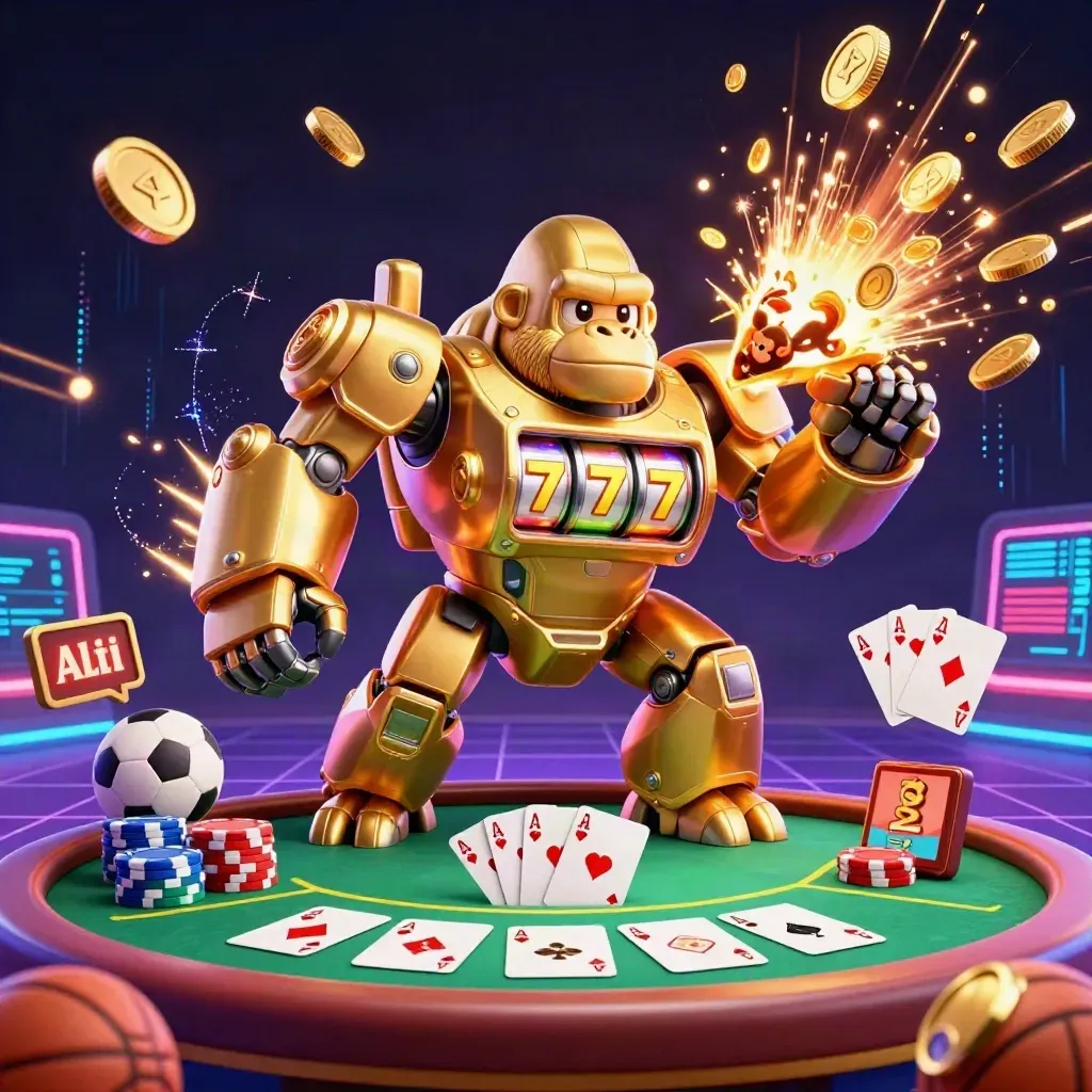 Golden gorilla mech with monkey pilot, coins, poker gear, sports props, and fireworks in a neon casino scene.