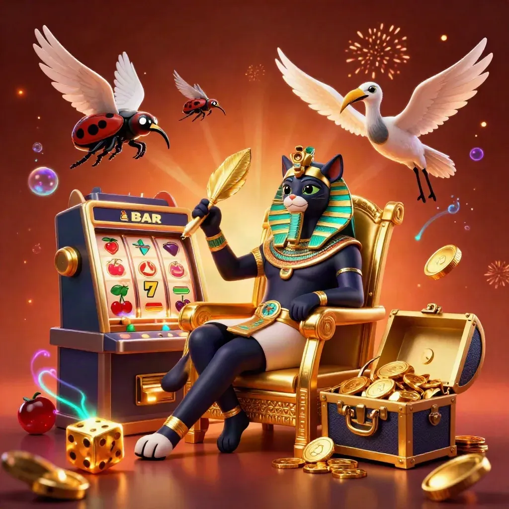 Pharaoh cat, ibis, and scarabs amid exploding coins, slot symbols, fireworks, and gold