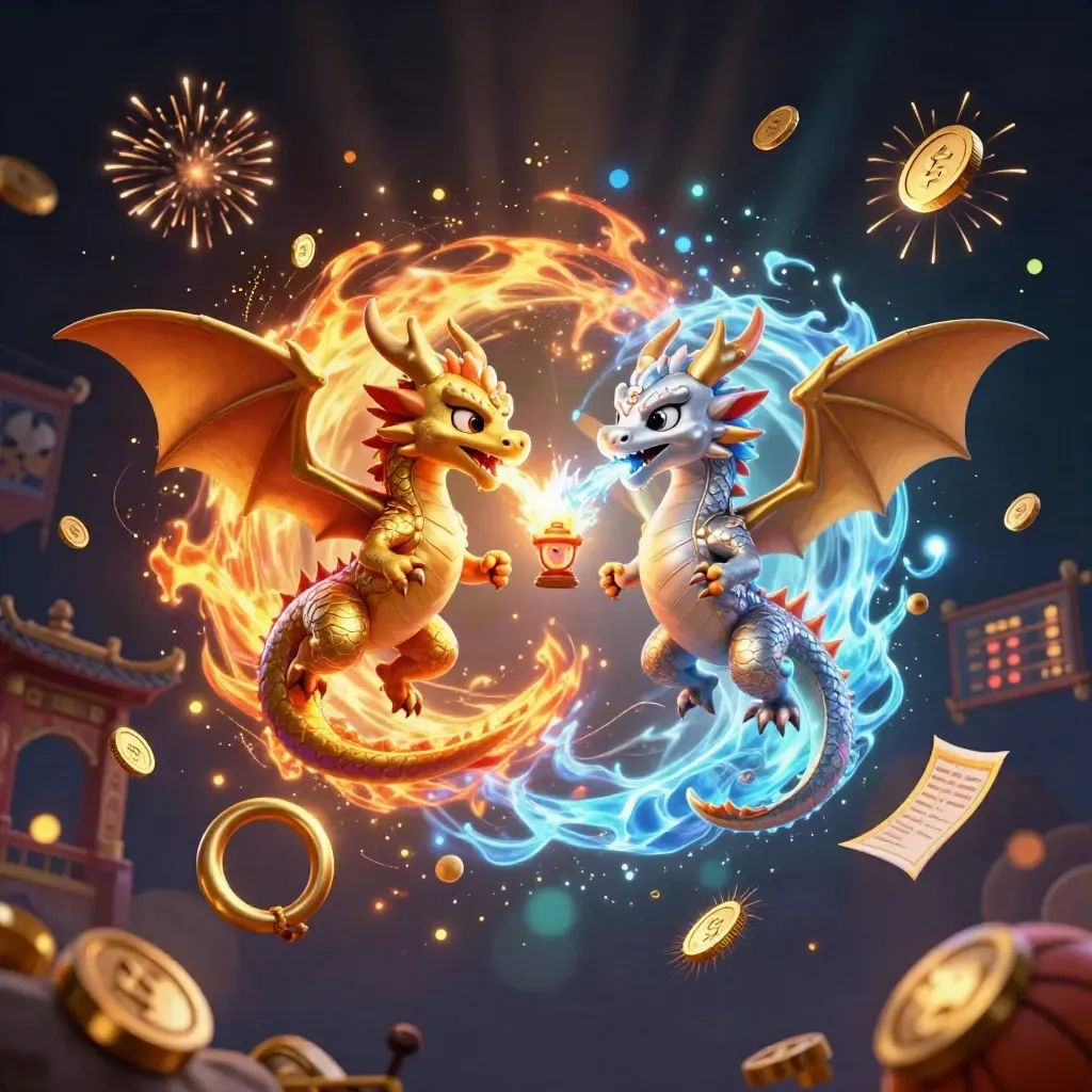 Twin gold and silver dragons burst from a vault with coins, fireworks, and a lantern spirit.