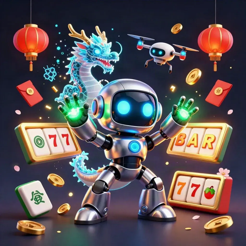 Cyberpunk robot, holographic dragon, and coin drone amid casino luck symbols.
