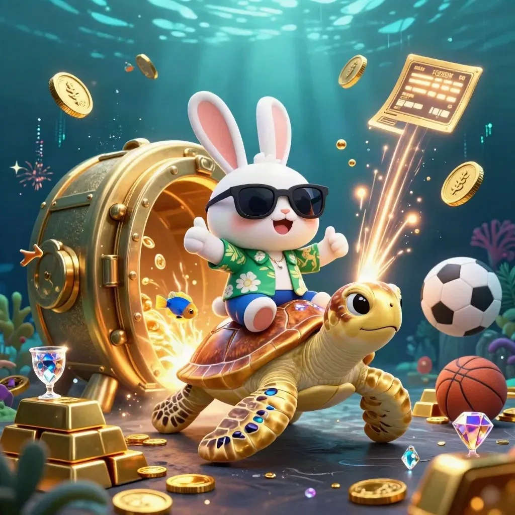 Lucky rabbit on a gold sea turtle amid vault treasure, coins, and underwater neon fireworks.