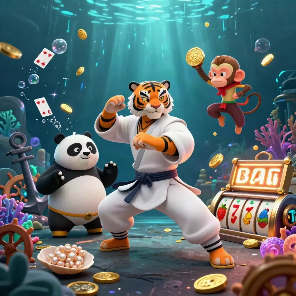 Tiger, panda, and monkey in an underwater treasure cove with gold, coral, and glowing slot reels.