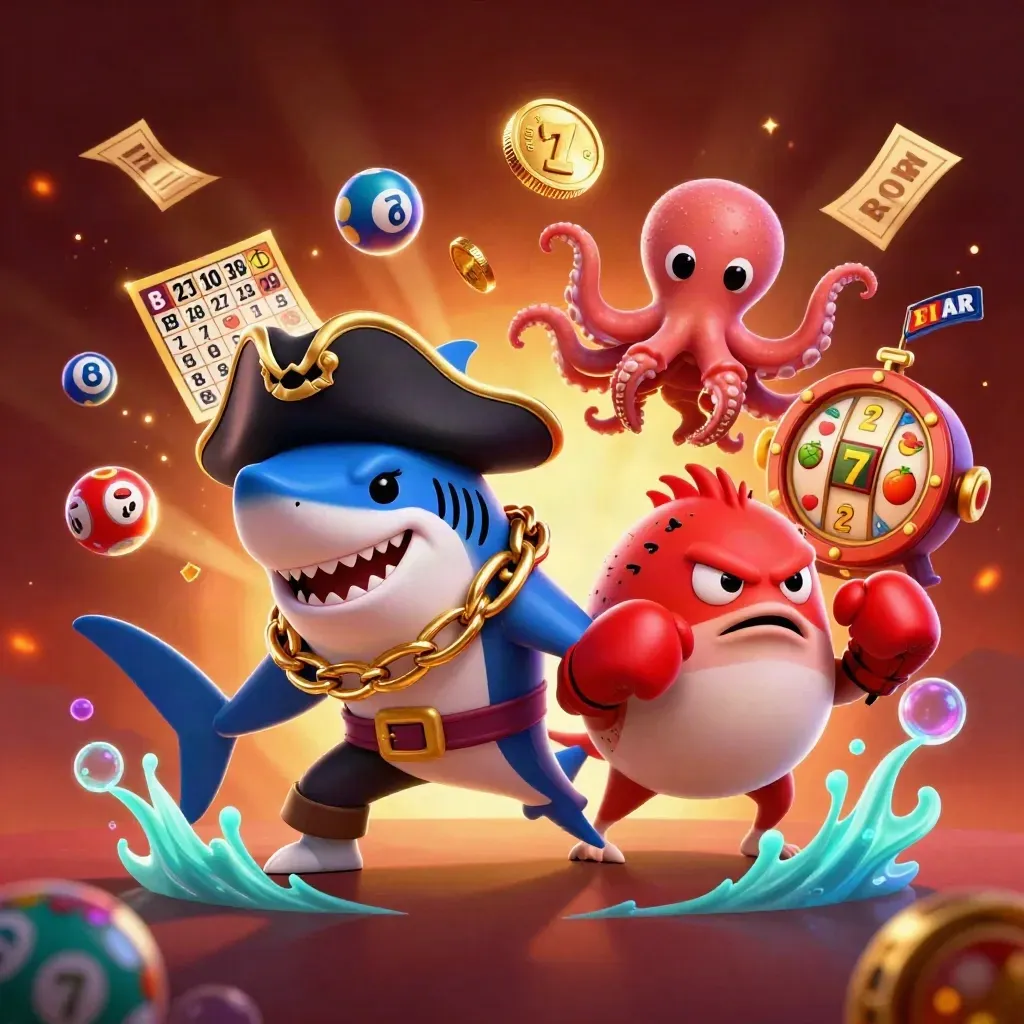 Pirate shark, boxing pufferfish, and juggling octopus amid casino reels and glowing coins.