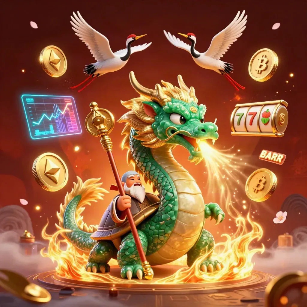 Emerald dragon, turtle sage, and cranes amid casino coins, reels, and glowing effects.