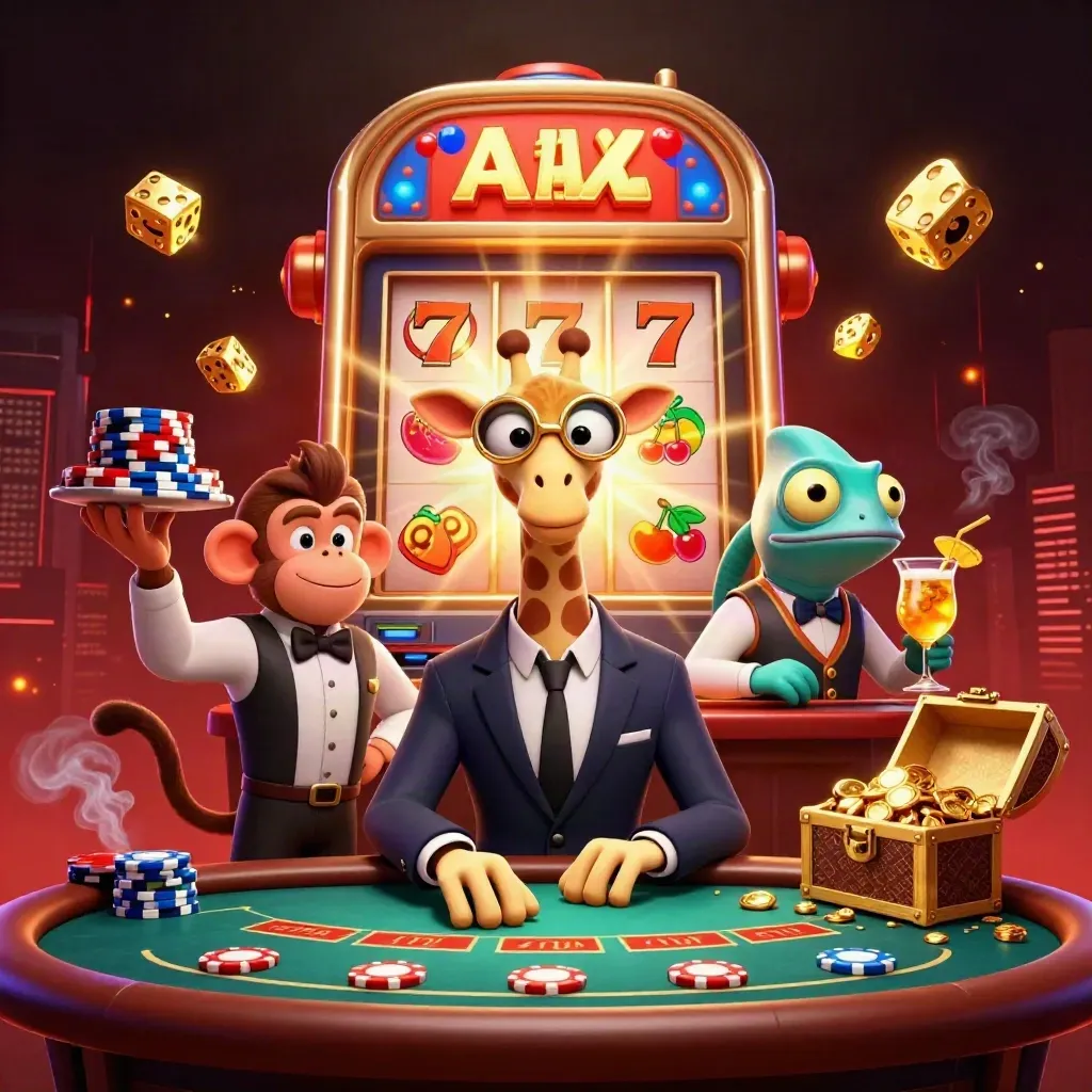 Giraffe high roller, monkey valet, chameleon bartender, exploding slot machine and gold in a dark luxury casino scene.