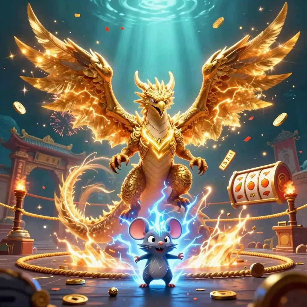 Thunder dragon, wind hawk, and static mouse amid casino relics and lightning