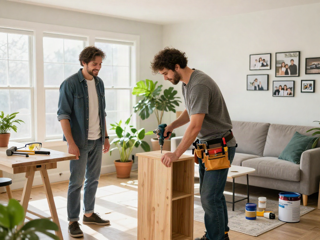 Home repair services Des Moines Iowa with a carpenter fixing a cabinet in a bright living room atmosphere.